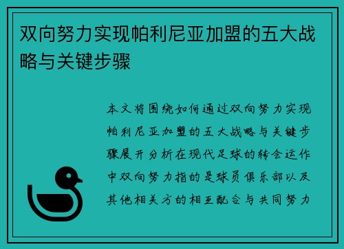 双向努力实现帕利尼亚加盟的五大战略与关键步骤 双向努力实现帕利尼亚加盟的五大战略与关键步骤